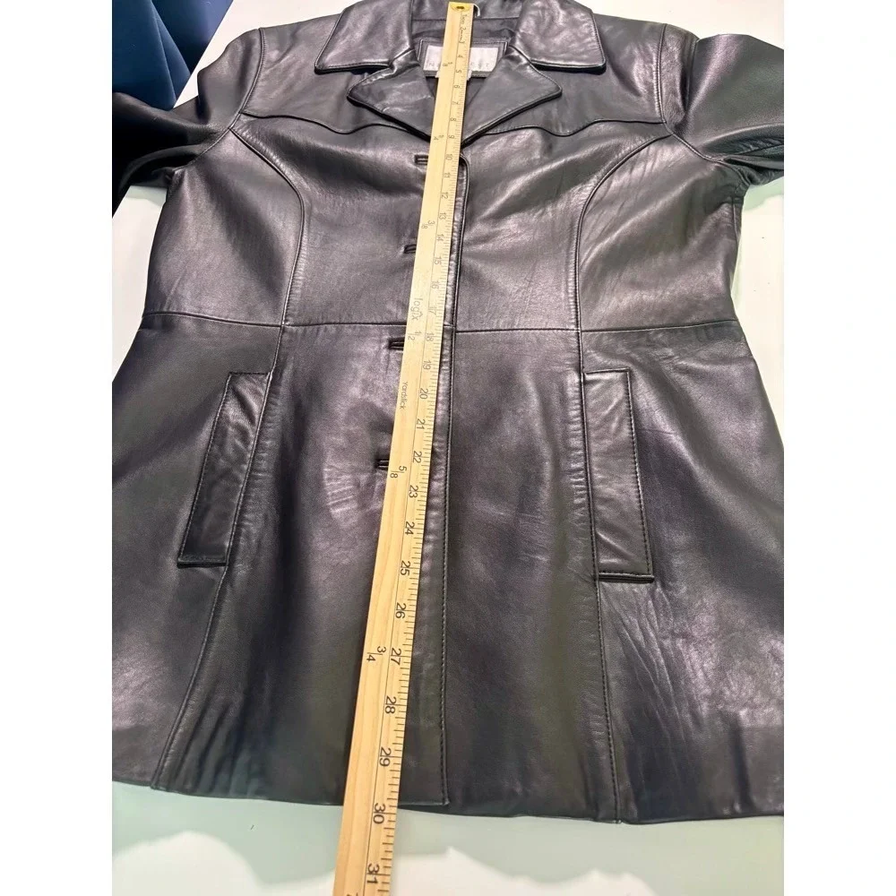 Genuine Leather Womans Black Button Front‎ Blazer Coat Size M Mob Wife Moto Edgy